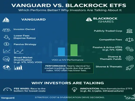 Porównanie Vanguard i BlackRock: inwestorzy rozmawiają o niższych opłatach, pasywnych strategiach i dywersyfikacji.