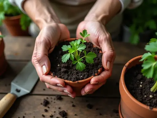 Mains tenant un jeune plant de persil, signe d'un bon temps germination persil. Une petite pelle est à côté.
