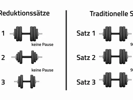 Vergleich von Trainingsmethoden: Reduktionssätze ohne Pause vs. traditionelle Sätze mit 90s Pause. Was ist ein Satz beim Training? Hier wird der Unterschied gezeigt.