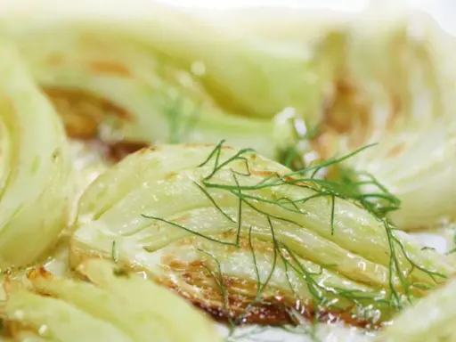Gegrillte Fenchelspalten mit frischem Dill garniert, ein köstliches Gericht, das zeigt, wie man Fenchel zubereiten kann.