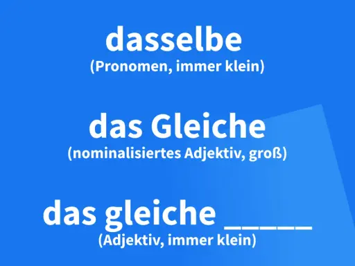 Drei deutsche Ausdrücke: "dasselbe" (Pronomen), "das Gleiche" (nominalisiertes Adjektiv) und "das gleiche" (Adjektiv).