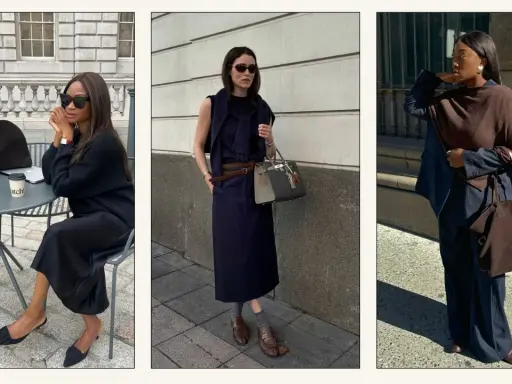 Three women showcase chic outfits. The right image answers: does navy go with brown? Yes, a navy pinstripe suit is paired with a brown poncho and bag.