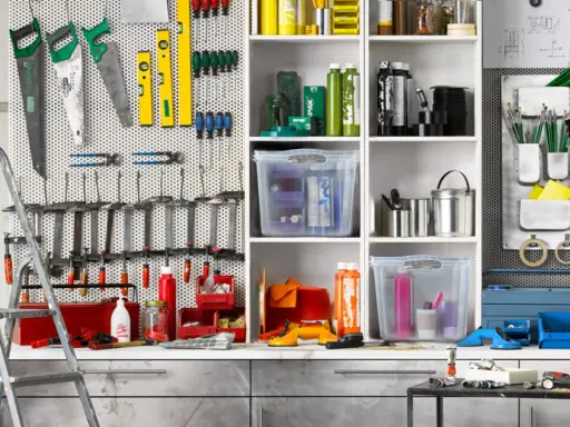 Werkzeugwand mit Sägen, Wasserwaagen, Schraubendrehern und Zangen. Regale mit Behältern und Flaschen. Ein perfektes Ideen Garage Ordnungssystem.