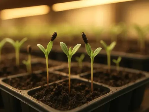 Små plantor med fröskal kvar på bladen växer i en odlingstråg. Kanske är det solrosor eller så tagetes som snart ska planteras ut.