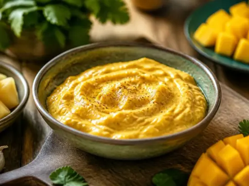 Cremiger, goldgelber Mango Curry Dip mit Pfeffer bestreut, daneben frische Mangostücke, Koriander und Knoblauch.