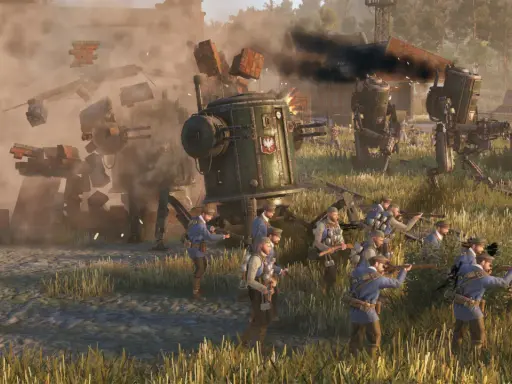 Żołnierze w niebieskich mundurach walczą z mechanicznymi maszynami w scenerii przypominającej "iron harvest".