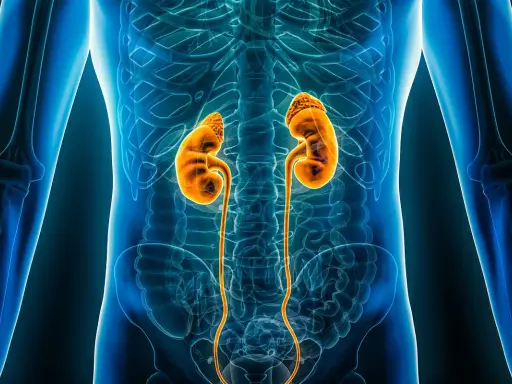 Anatomia nerek i dróg moczowych, ilustracja medyczna. Pokazuje narządy, które mogą wymagać dializy.