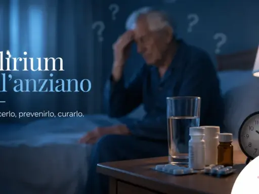 Un anziano confuso, con punti interrogativi sullo sfondo, affronta il delirio notturno. Sul comodino, farmaci e un bicchiere d'acqua.