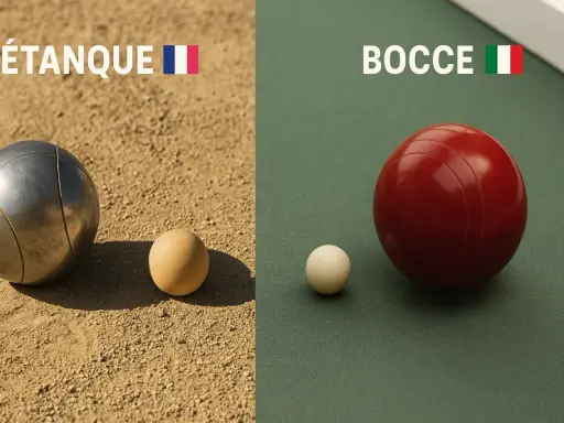 Comparaison visuelle entre les boules de pétanque françaises et les boules de bocce italiennes, montrant leurs différences de taille et de matière.