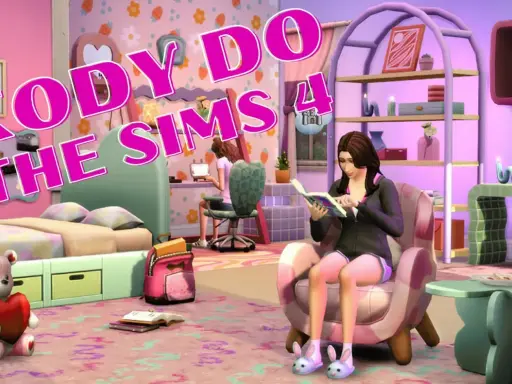 Kody do The Sims 4. Dziewczyna czyta książkę w różowym pokoju, obok łóżko i pluszowy miś.