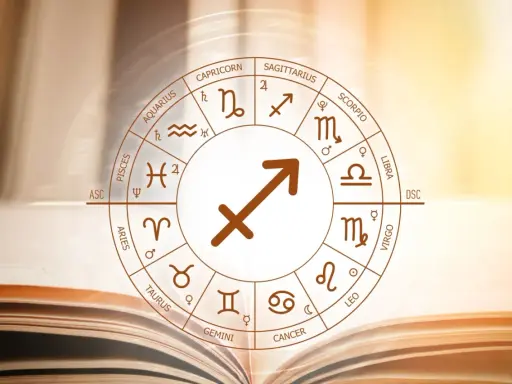 Koło zodiaku z symbolem Strzelca w centrum, otoczone znakami i nazwami zodiaku. Symbolika astrologiczna, jakby z księgi wiedzy, nawiązuje do numerologicznego 5 roku.