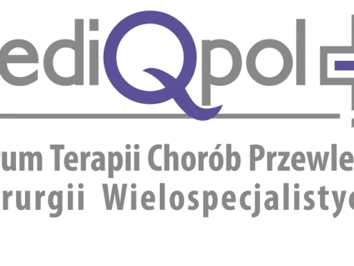 Logo "mediQpol" z symbolem krzyża i napisem "Centrum Terapii Chorób Przewlekłych i Chirurgii Wielo specja listycznej".