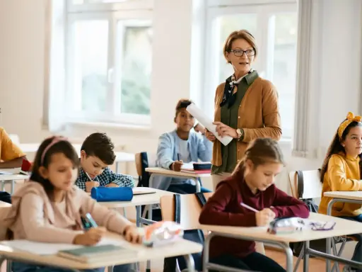 Lehrerin erklärt den Schülern im Klassenzimmer, wie sie eine ausreichend note erreichen.