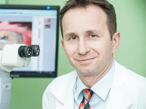 Okulista z uśmiechem przy aparaturze do badań. Na ekranie widok oka, sugerujący diagnostykę przed przeszczepem rogowki.