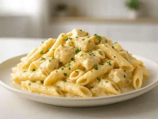 Penne z kremowym sosem serowym i posiekaną natką pietruszki, danie idealne na szybki obiad.