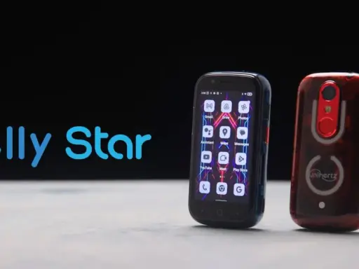 Dwa malutkie smartfony Jelly Star, jeden niebieski z ikonami aplikacji, drugi czerwony z aparatem. Najmniejszy smartfon w akcji.
