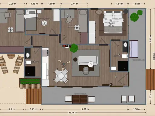 Plano de casas de dos plantas sencillas con terraza. Incluye habitaciones, sala de estar, baño y cocina.
