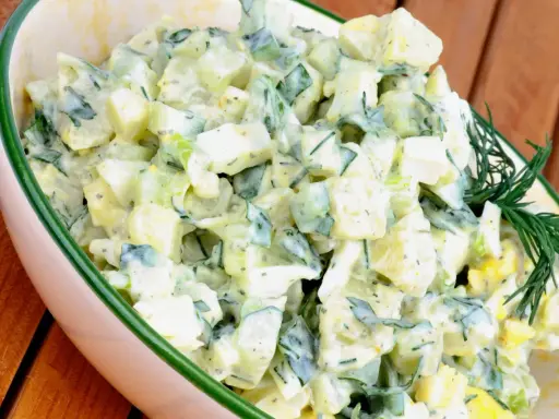 Kartoffelsalat mit Joghurt, Eiern und Gurken, garniert mit Dill. Ein cremiger und erfrischender Salat.
