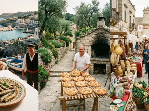 Scene di sagre pugliesi: un pescatore sorridente, pane con uova, salumi, formaggi e verdure fresche in un pittoresco borgo sul mare.