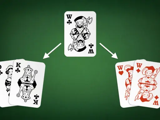 Ilustracja pokazuje, jak grać w karty. Król i Dama kierów po lewej, Król karo i Król pik po prawej, a w środku Król trefl.