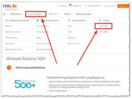 Wniosek Rodzina 500+ w ING. Kliknij "Usługi i narzędzia", a następnie "Rodzina 500+" by złożyć wniosek.