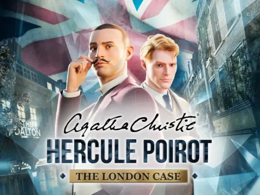 Herkules Poirot w Londynie, w tle brytyjska flaga i kamienice. Detektyw w tweedowej marynarce i z charakterystycznymi wąsami.