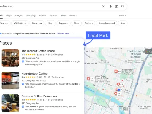 Wyniki wyszukiwania kawy w Austin, pokazujące lokalny pakiet z kawiarniami i mapą, kluczowe dla lokalnego SEO.