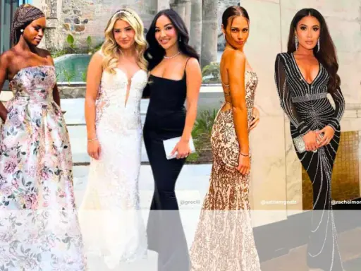 Seven women in elegant gowns, showcasing diverse styles for a black tie wedding dress code.