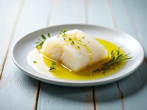 Delicioso bacalao confitado en aceite de oliva, adornado con hierbas frescas.
