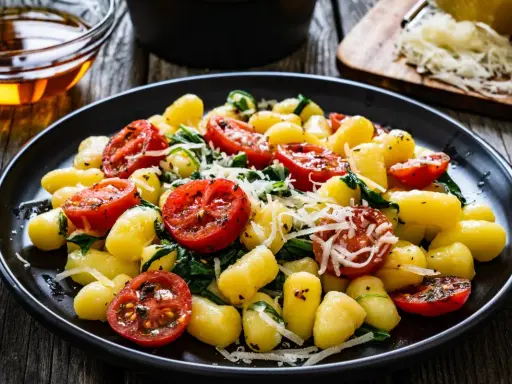 Gnocchi ze szpinakiem i pomidorkami koktajlowymi, posypane parmezanem, na czarnym talerzu.