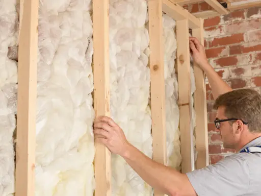 Un ouvrier installe une isolation polystyrène dans une structure en bois.