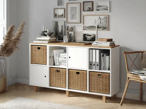 Kallax Ideen Arbeitszimmer: Ein weißes Regal mit Holzplatte, gefüllt mit Körben, Büchern und Ordnern. Perfekt für ein aufgeräumtes Büro.
