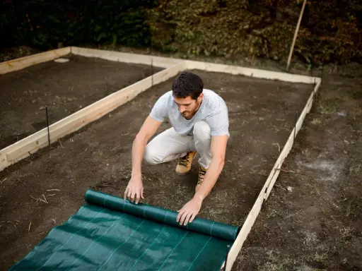 Hombre desplegando tela verde sobre el terreno preparado para una solera de hormigón.
