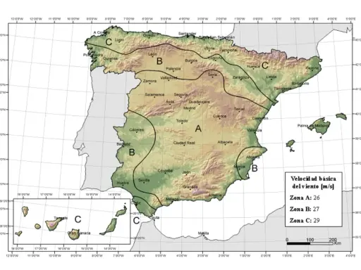 Mapa de España con zonas A, B y C que indican la carga de viento. Zona A: 26 m/s, Zona B: 27 m/s, Zona C: 29 m/s.