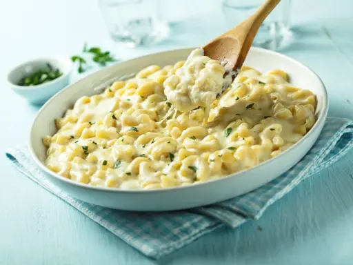 Pyszne, kremowe mac n cheese z ziołami, podane w białej misce. Drewniana łyżka nabiera porcję ciągnącego się sera.