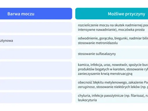 Tabela przedstawia kolory moczu i ich możliwe przyczyny, np. skąpomocz objawy mogą być związane z odwodnieniem.