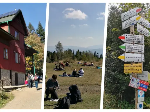 Widok na schronisko Leskowiec, ludzi odpoczywających na trawie i tabliczki szlaków turystycznych.