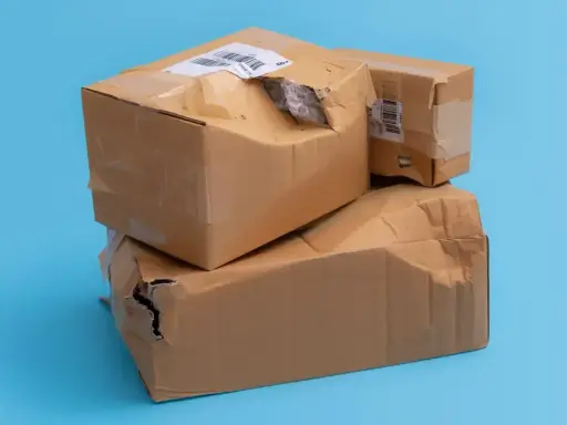 Produkt uszkodzony, ale paczka jest cała. Dwie kartonowe paczki, jedna na drugiej, z widocznymi uszkodzeniami i dziurami.