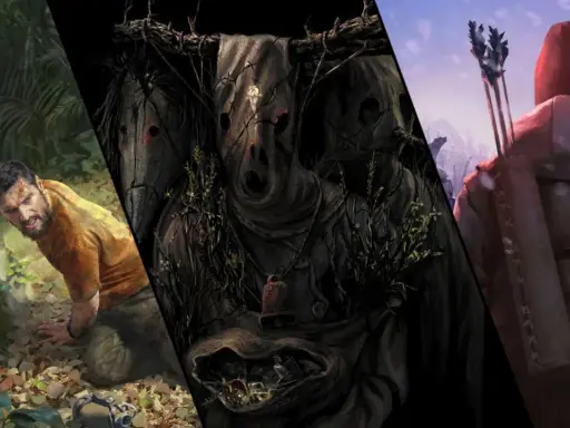 Mroczne, niepokojące grafiki z gier podobnych do The Forest: przerażające maski, zdesperowany mężczyzna w dżungli i łucznik w zimowym krajobrazie.