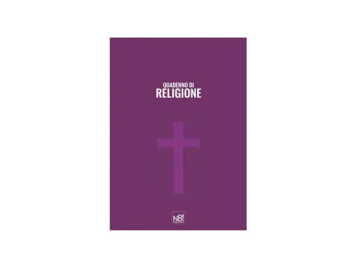 Copertina di religione per le scuole medie, con una croce viola su sfondo viola e il logo NB! Publishing.