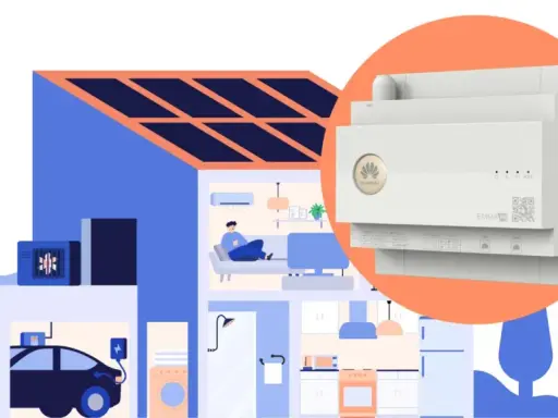 En illustration av ett smart hem med solpaneler, elbil och en Huawei växelriktare som styr energin.