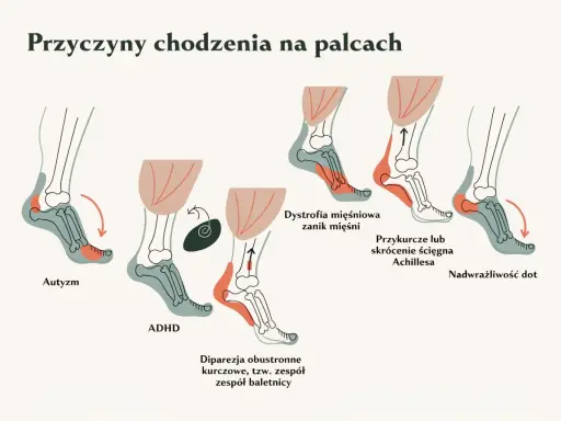 Ilustracja pokazuje, dlaczego dziecko chodzi na palcach: autyzm, ADHD, dystrofia mięśniowa, przykurcz ścięgna Achillesa, nadwrażliwość dotykowa.