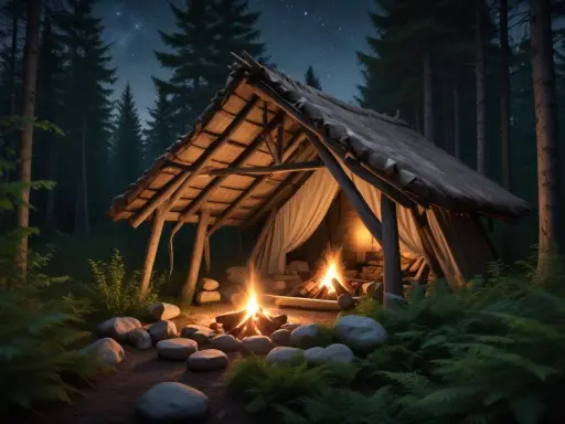 Mysigt vindskydd i skogen med två eldar som sprakar. Perfekt för att sova i vindskydd under en stjärnklar natt.