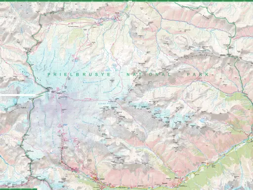 Mapa turystyczna z zaznaczonymi szlakami i lodowcami w rejonie gór z Elbrusem.
