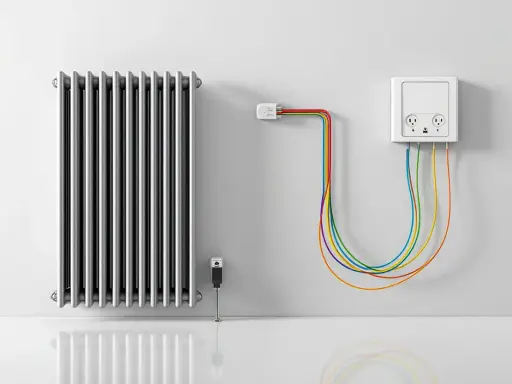 Radiateur argenté avec un branchement radiateur électrique coloré. Un boîtier mural blanc avec prises et câbles arc-en-ciel.