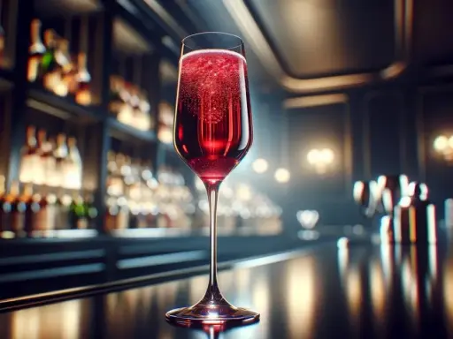 Elegancki kielich z musującym Kir Royale, w tle bar pełen butelek.