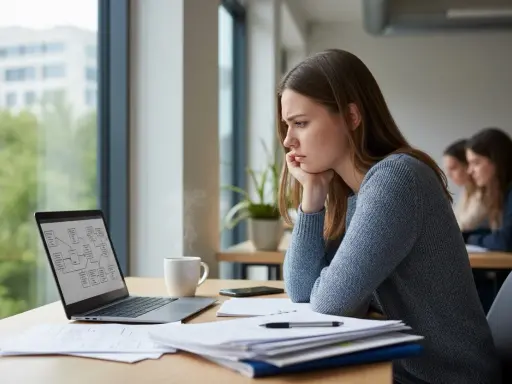 Zamyślona studentka przy laptopie, zastanawia się nad liczbą godzin praktyk na studiach. Dymek z kubka kawy unosi się w powietrzu.