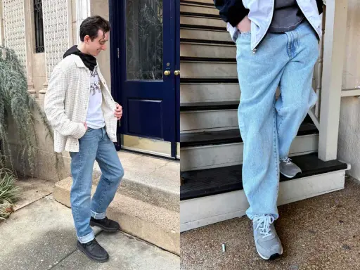 A man models a stylish denim outfit, featuring light-wash jeans and a textured jacket.