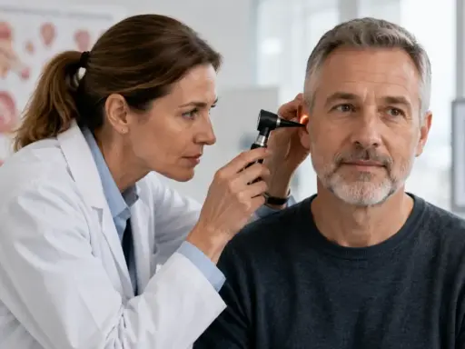 Arzt untersucht Ohr eines Mannes mit Tinnitus. Vielleicht hilft Ginkgo.