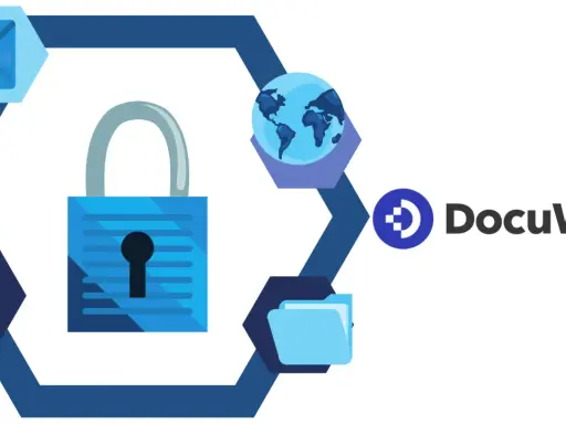 Un coffre fort numérique obligatoire pour sécuriser vos données. Icônes de clé, cadenas, globe, enveloppe et dossier. Logo DocuWare.